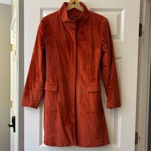 Shin Choi Midi Blazer in lux faux fur with stand up collar in orange XSM-Small